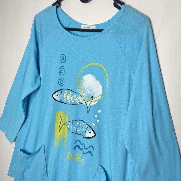 Jess & Jane Women's Blouse S Art to Wear Novelty Fish Ocean Graphic Pockets - Picture 2 of 7